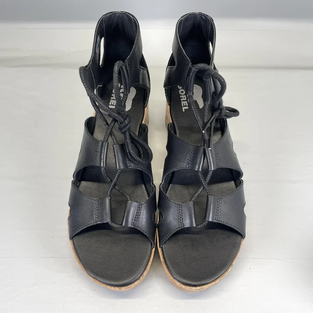 Sorel Cameron Flatform Wedge Sandals Womens Size 9.5 Black Leather Strappy Shoes